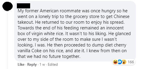 netizen sharing a story about their roommate eating coke with rice