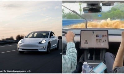 Tesla Driving On The Road And Tesla Going Through Flood Waters In China