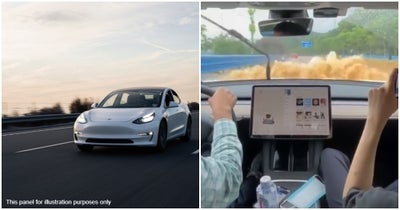 Tesla-Driving-On-The-Road-And-Tesla-Going-Through-Flood-Waters-In-China