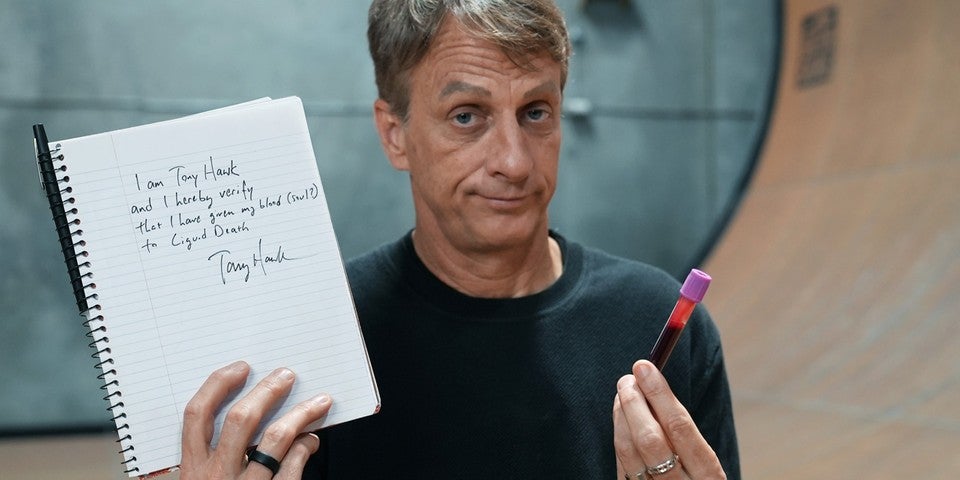 https hypebeast.com image 2021 08 Tony Hawk Teams Up With Liquid Death To Release Skateboard Decks Infused With His Blood tw