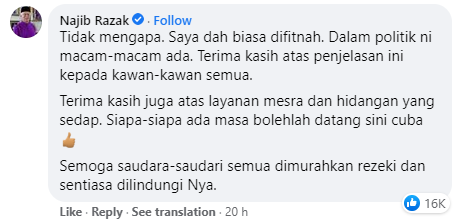 Najib Razak Comment On Restaurants Post