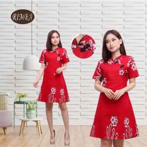 rimba cheongsam cotton dress floral 2 batik red short sleeve