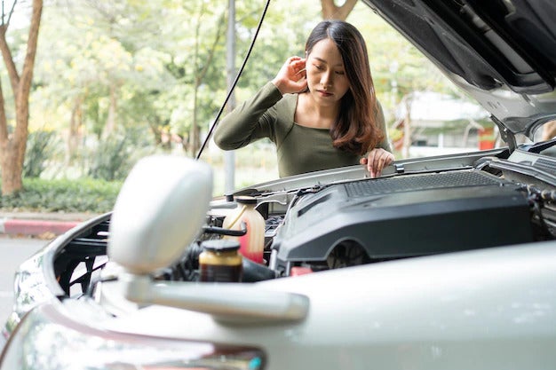 angry asian woman using mobile phone calling assistance after car breakdown street concept vehicle engine problem accident emergency help from professional mechanic 41689 1868
