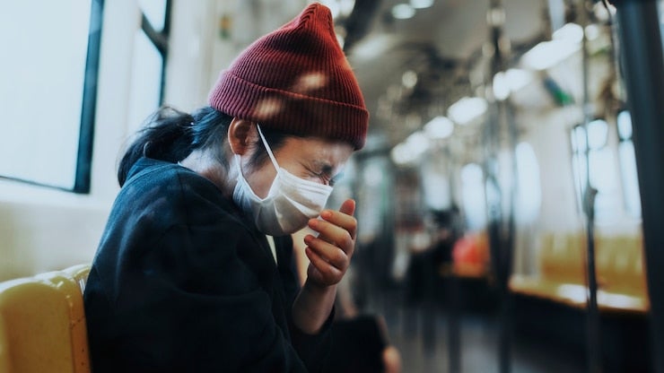 sick woman mask sneezing train during coronavirus pandemic 53876 119711