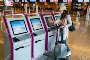 107520181 Asian Female Using Self Service To Check In By The Background Of The Airport Hall