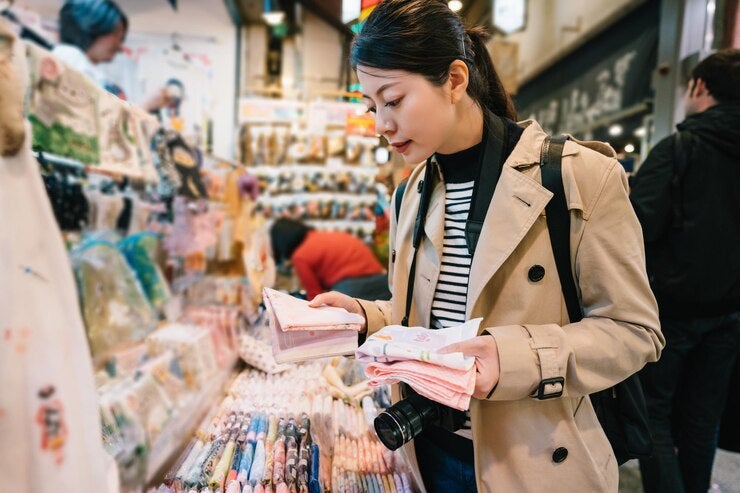pretty female traveler choosing handkerchief her mom store elegant traveler buying souvenir happy shopping traditional specialty store market japan 678158 7320 1
