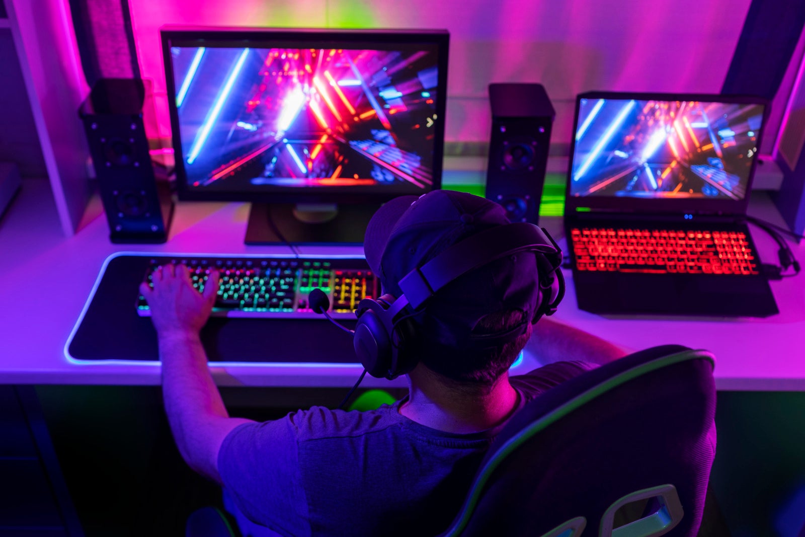 gamer chair with multicolored neon lights