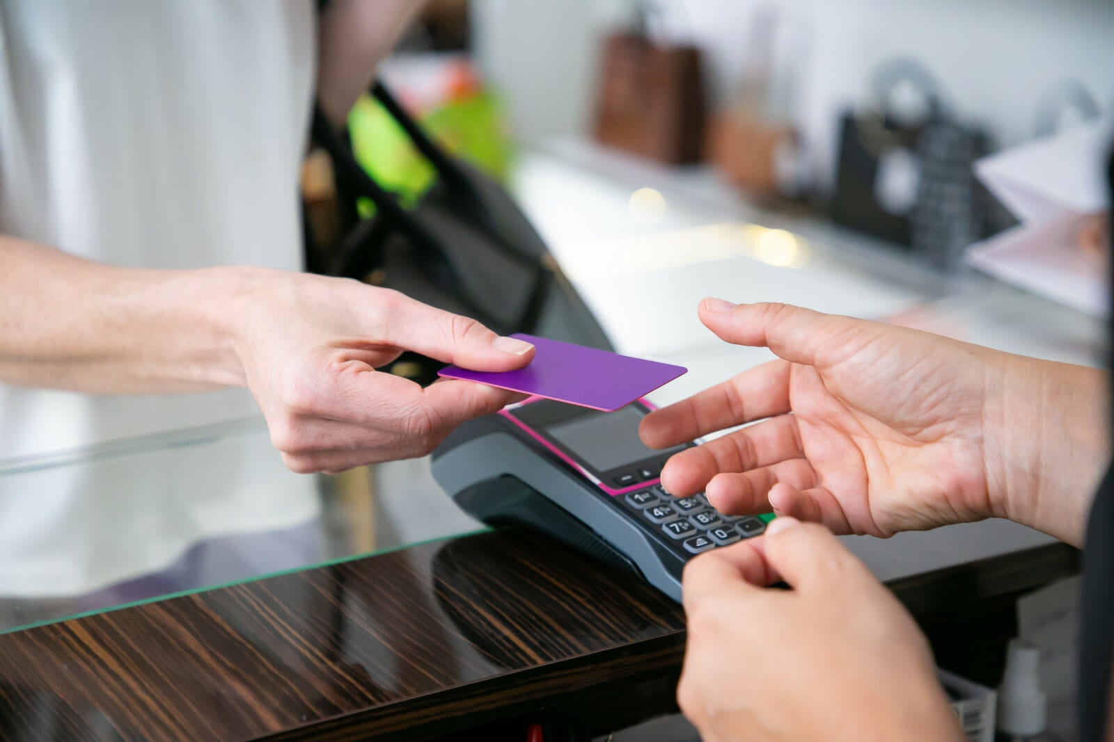 Customer Giving Credit Card Cashier Desk With Pos Terminal Payment Cropped Shot Closeup Hands Shopping Concept