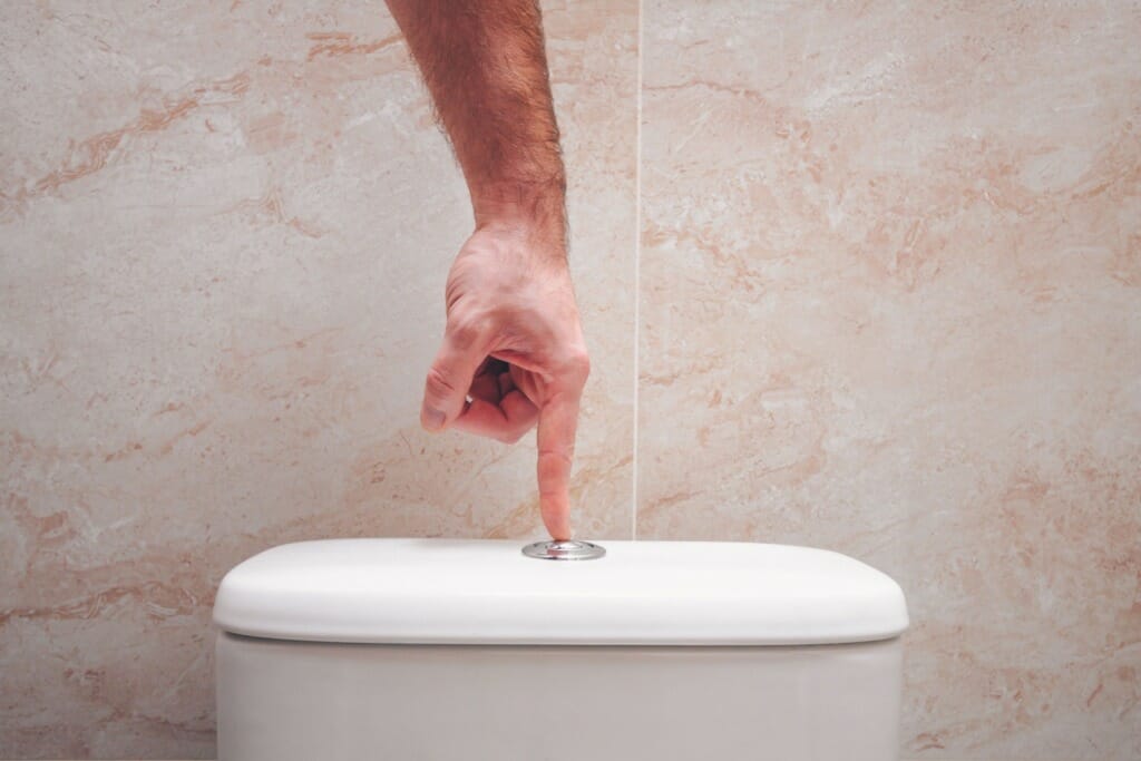 the hand presses the button on the toilet bowl the royalty free image 931677052 1536335991