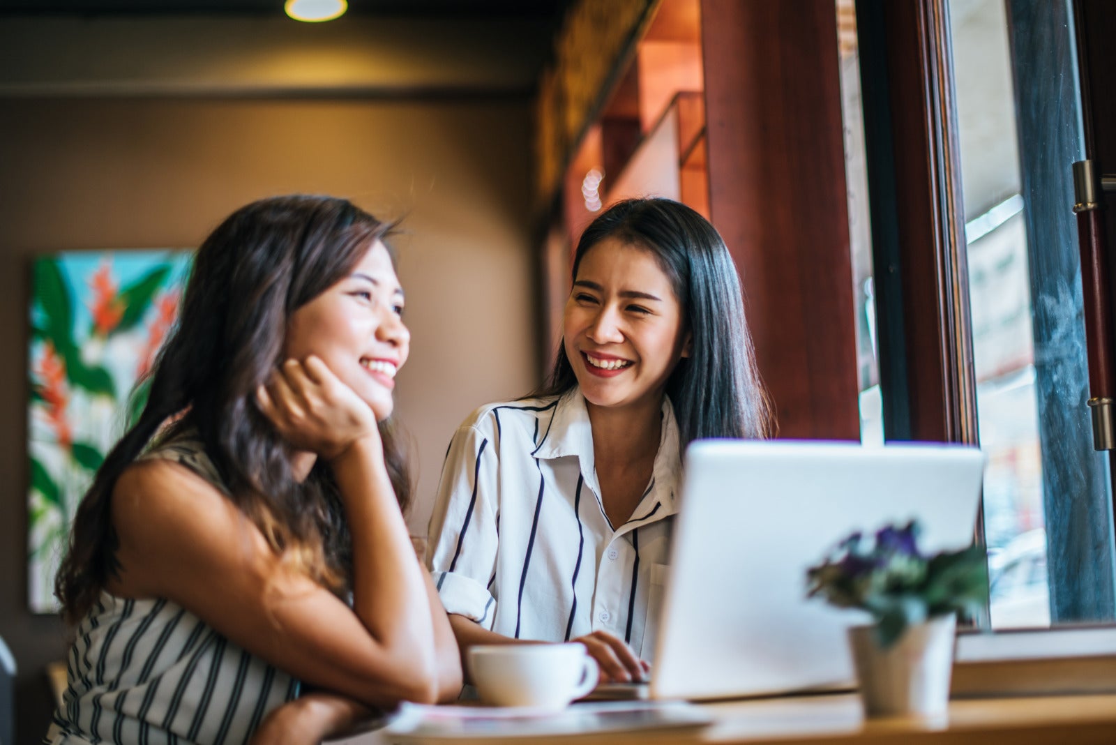 Two Beautiful Women Talking Everything Together Coffee Shop Cafe