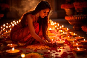 scene photo indian woman kneeling by candles celebrating diwali