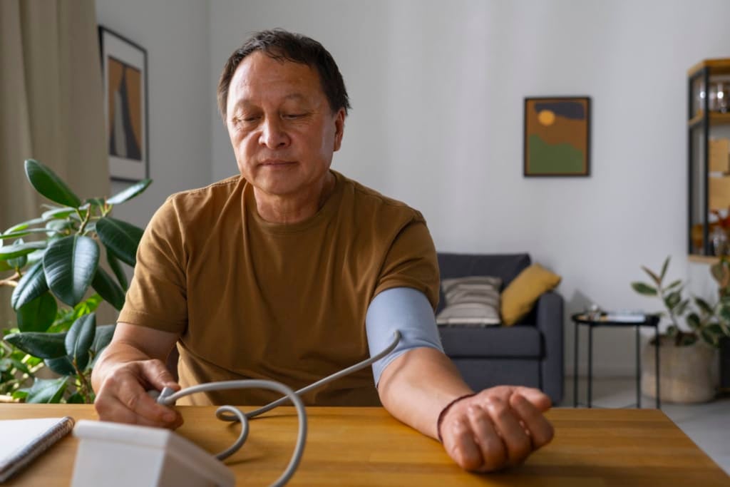 portrait older man checking blood pressure home