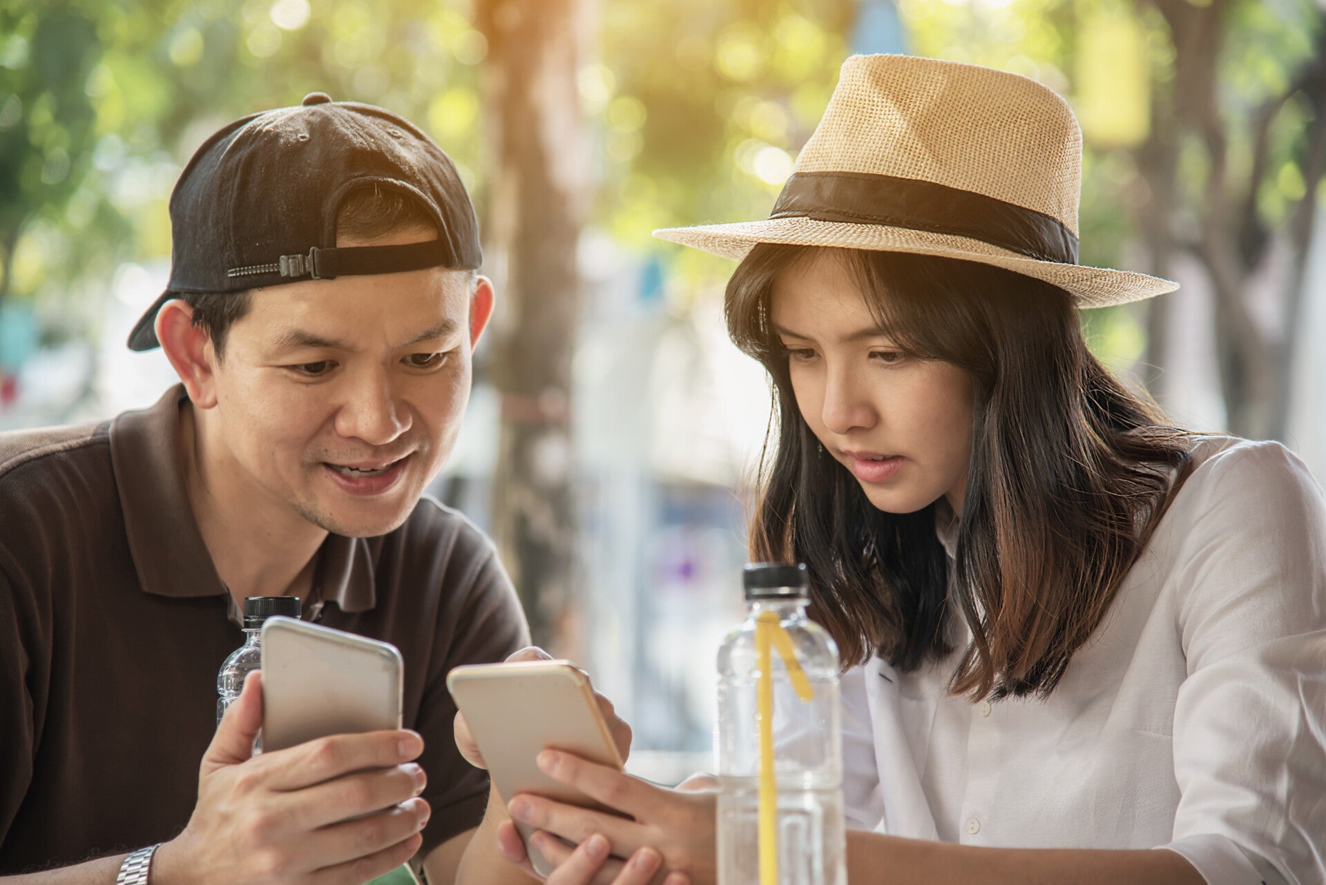 Asian Couple Enjoy Traveling Sitting Coffee Shop 1