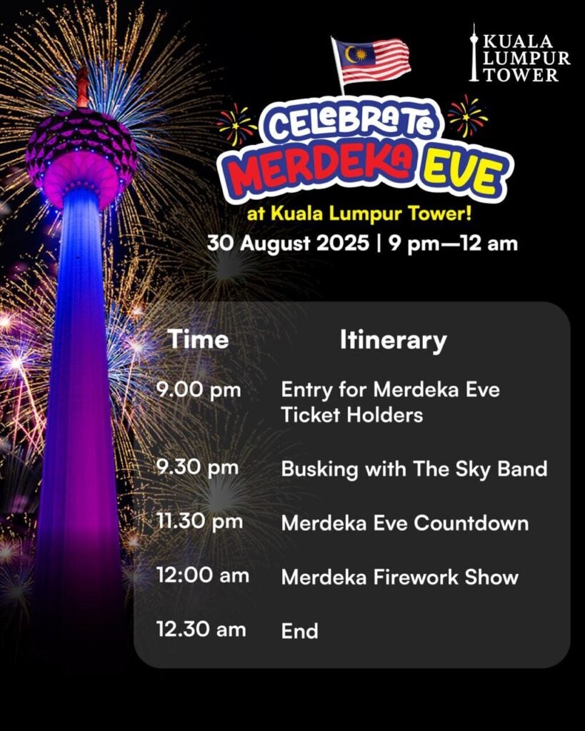 🎆 Own the Skyline This Merdeka Eve 🎆This 30 August 2025 Kuala Lumpur Tower transforms into t
