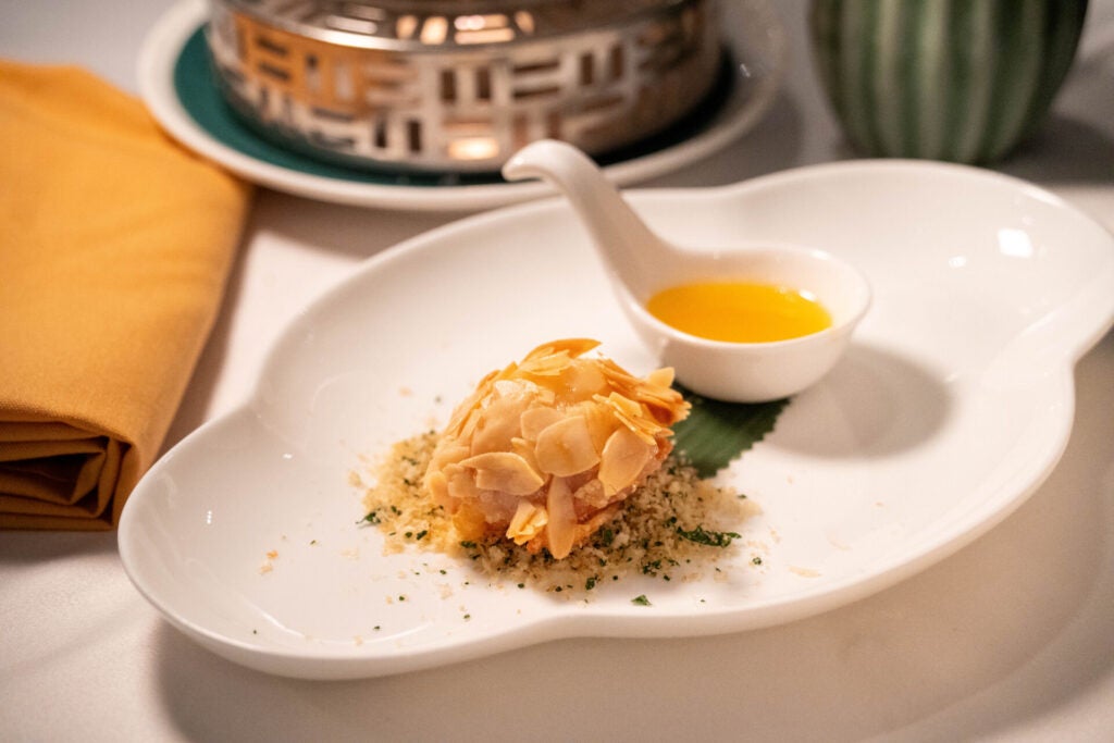 Crispy Chicken with Minced Cuttlefish Sliced Almond and Lemon Sauce